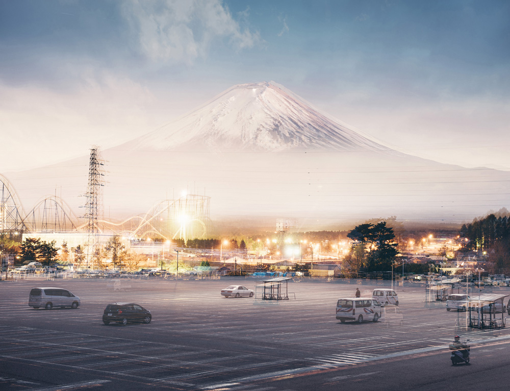 Mt. Fuji multiple exposure. 4 shots of one day from the same vantage point, sunrise, midday, sunset and midnight.